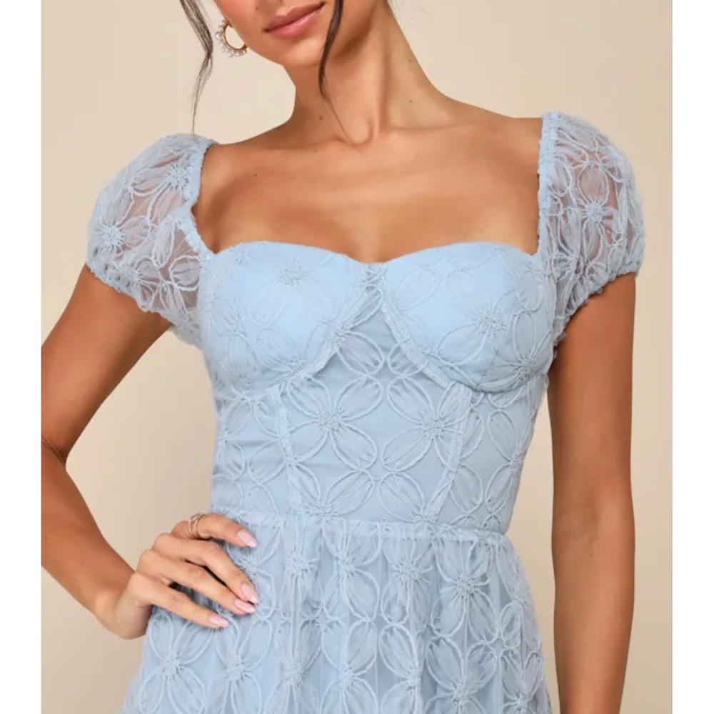 Lulus Exceedingly Elegant Blue Floral Applique Bustier Midi Dress XS 2840